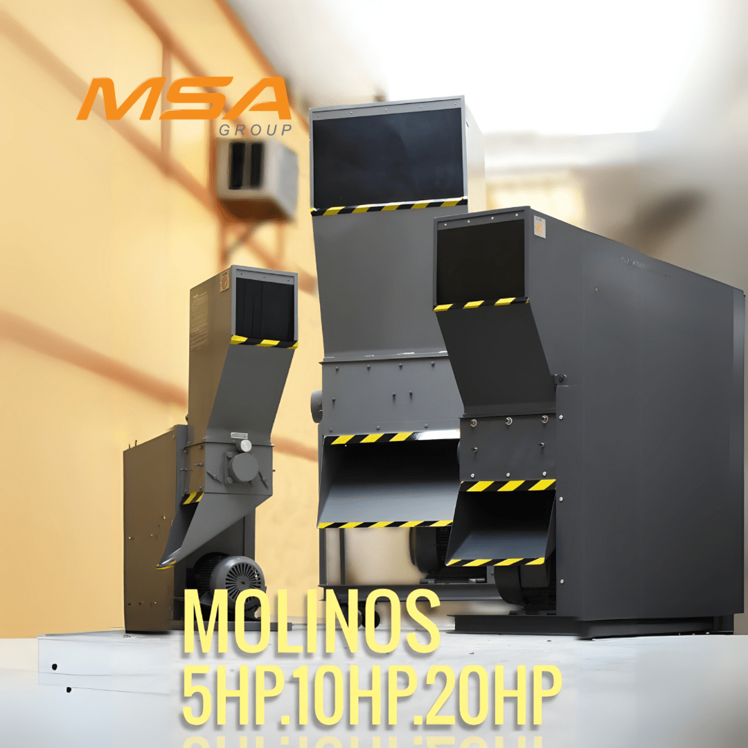 Imagen de molinos industriales para el reciclaje de plásticos con diferentes capacidades (5HP, 10HP, 20HP), diseñados para optimizar el procesamiento de materiales plásticos.