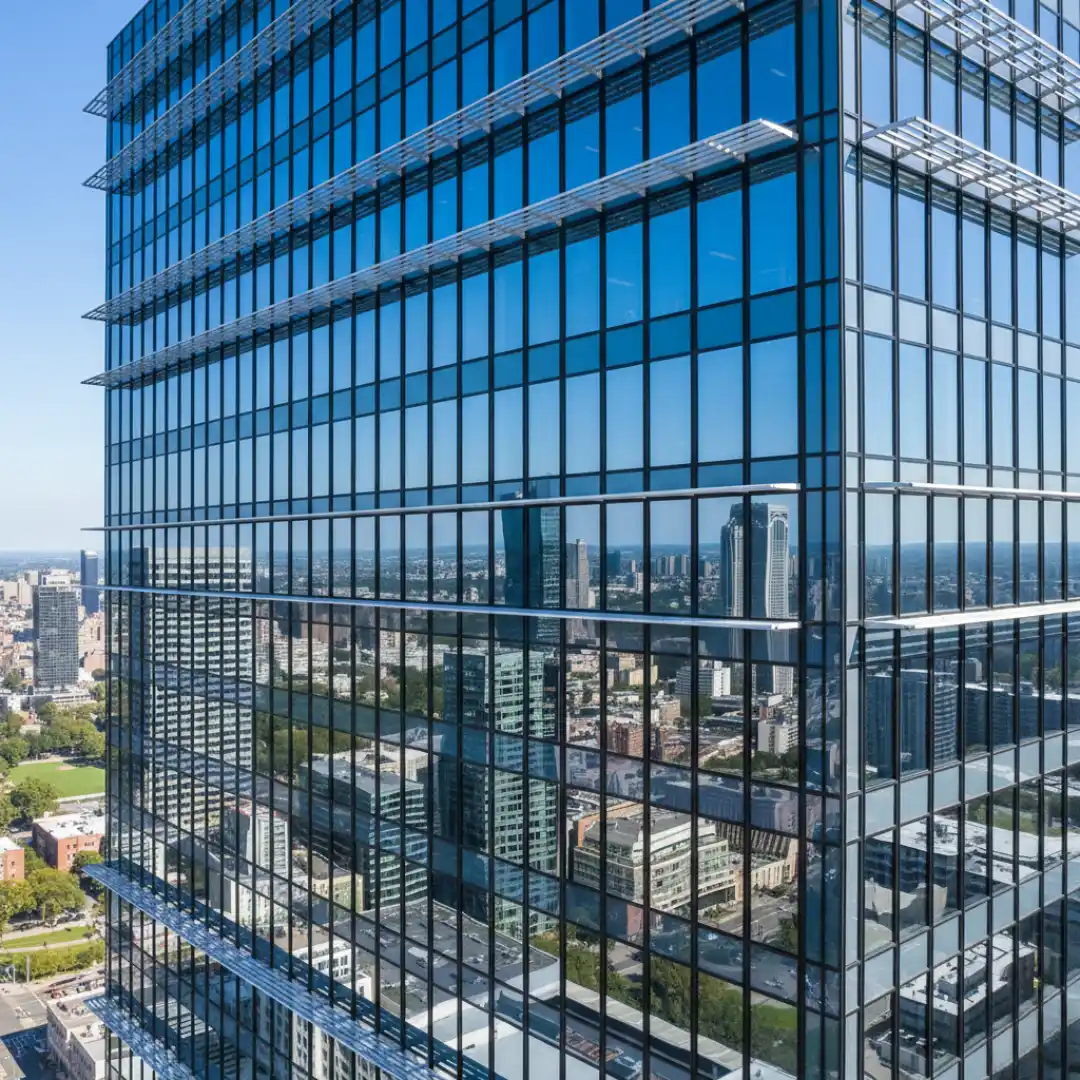 Torre de vidrio azul reflectivo con control solar Vidplex International powered by MSA Group