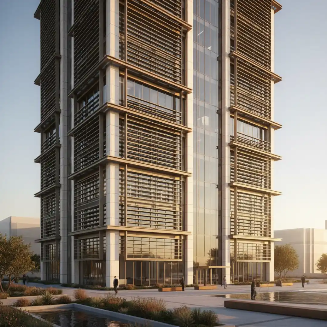 Fachada corporativa moderna con vidrio de control solar dorado Vidplex International powered by MSA Group